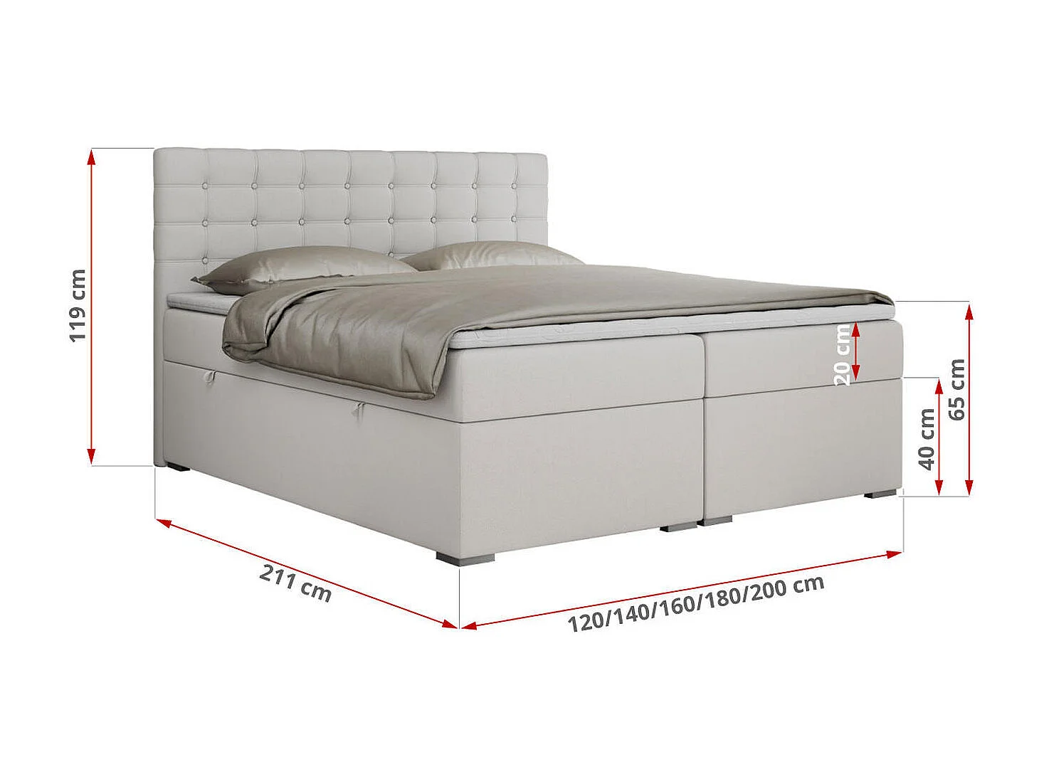 Boxspringbett SUSAN - mit gestepptem Kopfteil, zwei Bettkästen und Topper, gepolstertes Schlafzimmerbett - 200x200 cm - H4 - Weiß Kunstleder