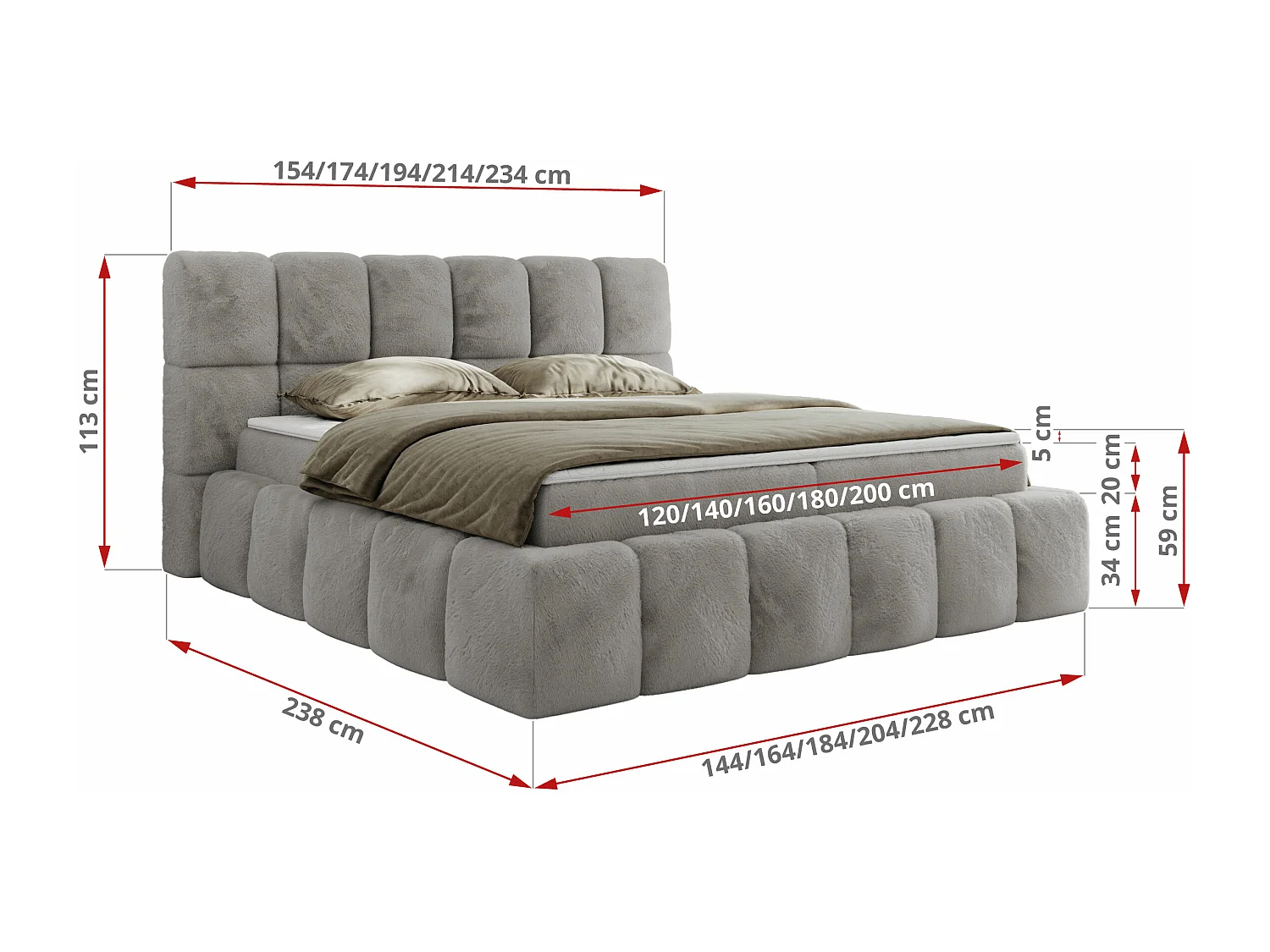 Boxspringbett NIRA - dekorativ kopfteil, Bettkästen und Multipocket-Matratze, Doppelbett für Schlafzimmer - 160x200 cm - H4 - Hellgrau Plüsch