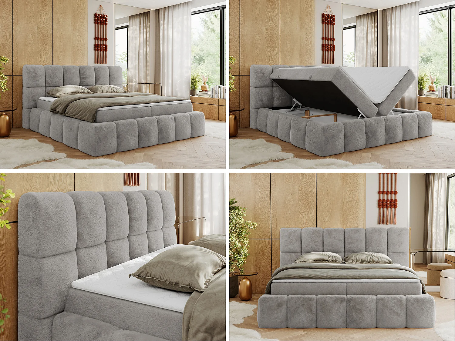 Boxspringbett NIRA - dekorativ kopfteil, Bettkästen und Multipocket-Matratze, Doppelbett für Schlafzimmer - 160x200 cm - H4 - Hellgrau Plüsch