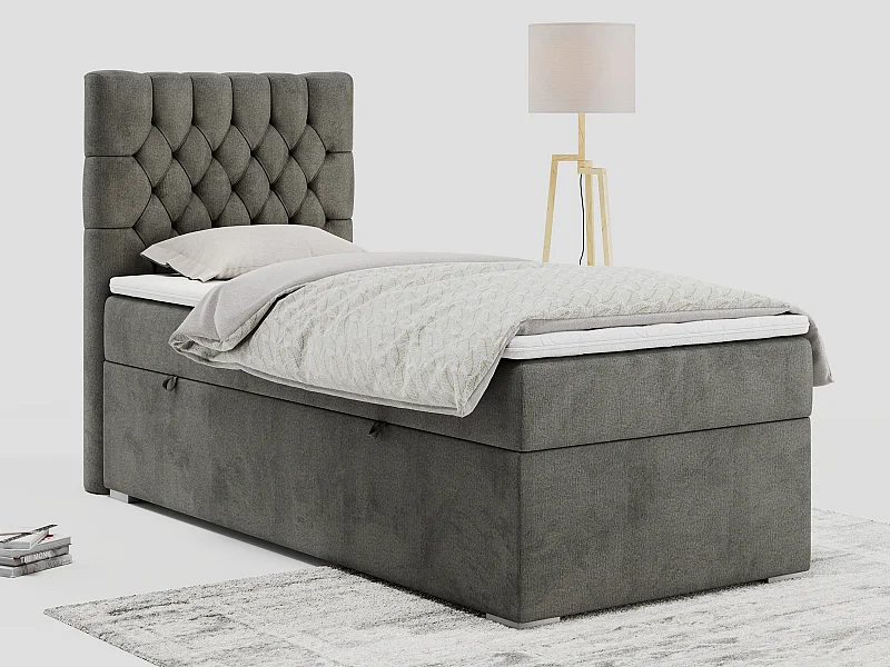 Boxspringbett PERA - Einzelbett mit Kopfstütze, Polsterbett, Multipocket-Matratze, genähtes Kopfteil - 90x200 cm - H4 - Dunkelgrau Velvet - Links Seite