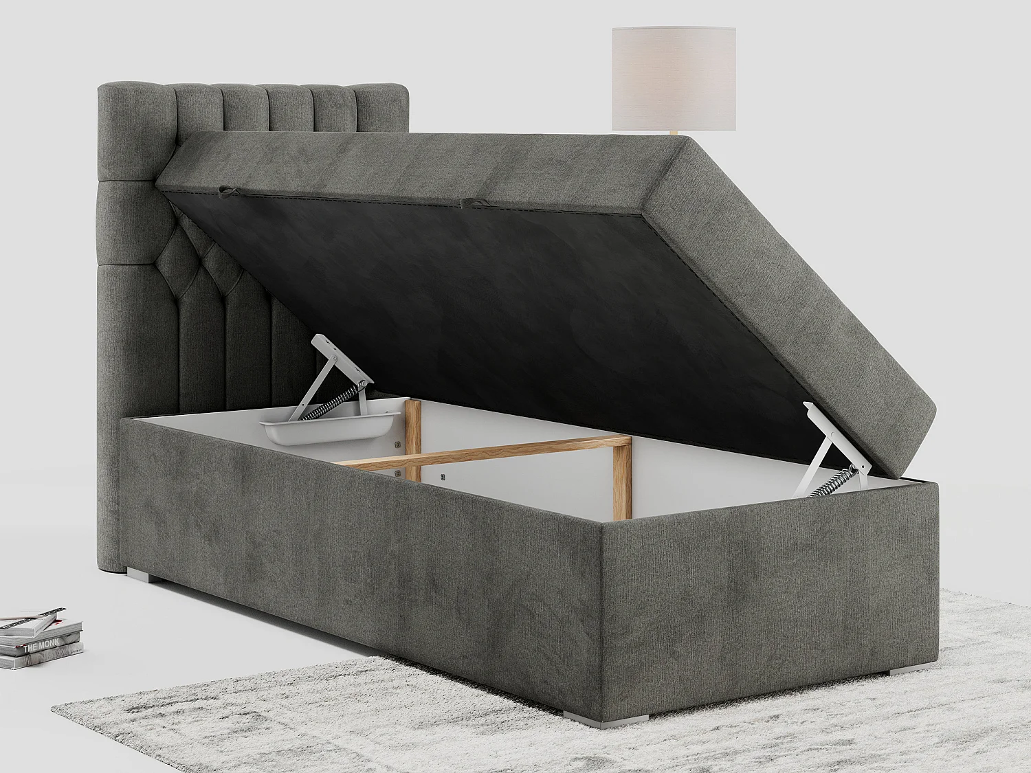 Boxspringbett PERA - Einzelbett mit Kopfstütze, Polsterbett, Multipocket-Matratze, genähtes Kopfteil - 90x200 cm - H4 - Dunkelgrau Velvet - Links Seite