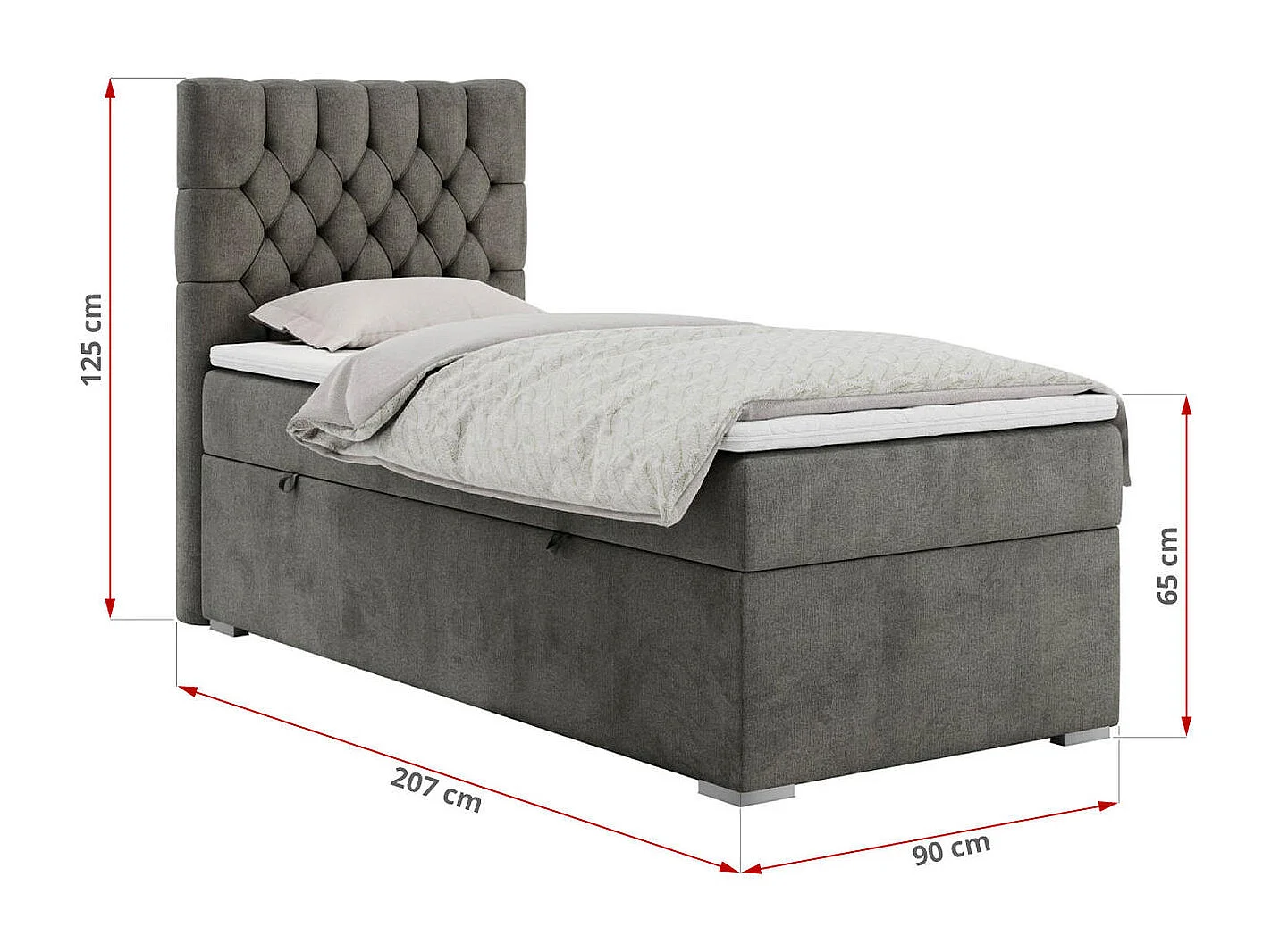 Boxspringbett PERA - Einzelbett mit Kopfstütze, Polsterbett, Multipocket-Matratze, genähtes Kopfteil - 90x200 cm - H4 - Dunkelgrau Velvet - Links Seite