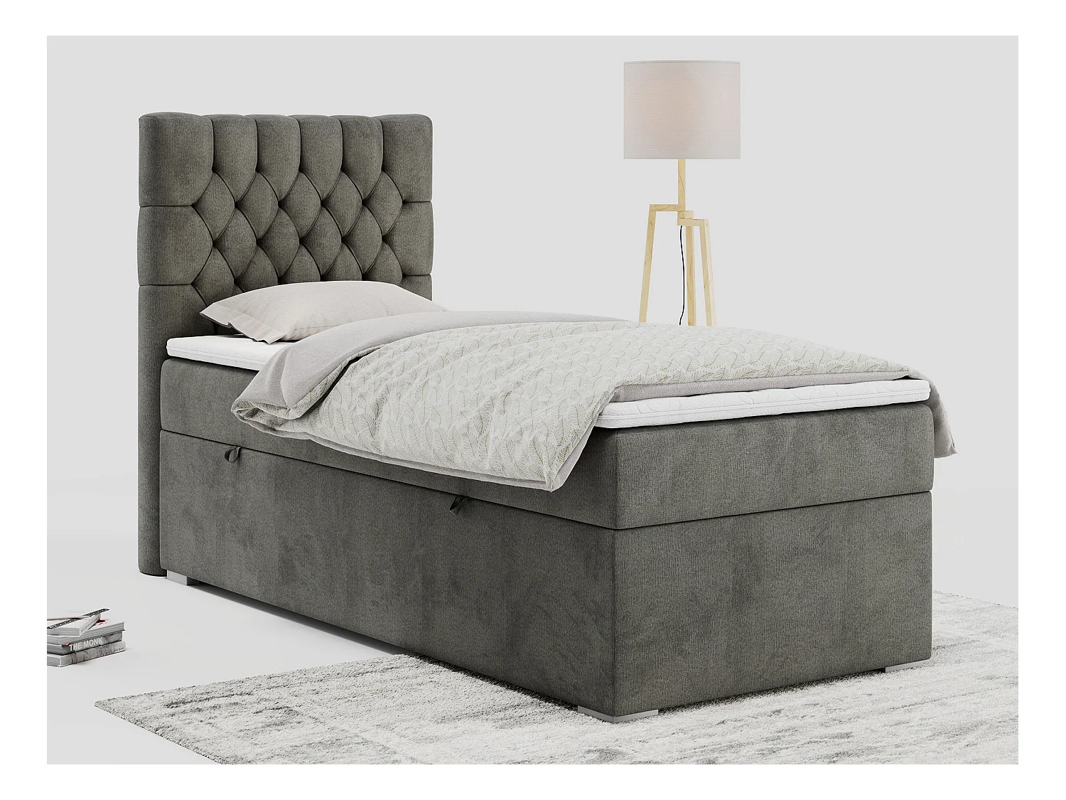 Boxspringbett PERA - Einzelbett mit Kopfstütze, Polsterbett, Multipocket-Matratze, genähtes Kopfteil - 90x200 cm - H4 - Dunkelgrau Velvet - Links Seite