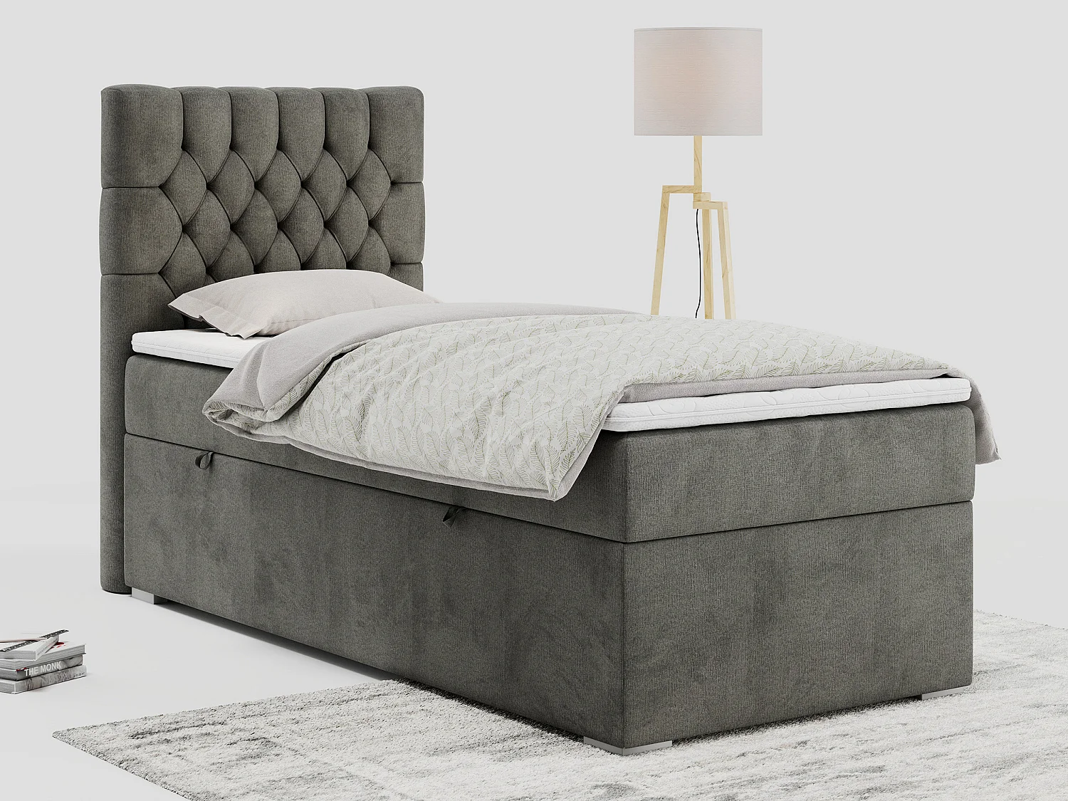 Boxspringbett PERA - Einzelbett mit Kopfstütze, Polsterbett, Multipocket-Matratze, genähtes Kopfteil - 90x200 cm - H4 - Dunkelgrau Velvet - Links Seite