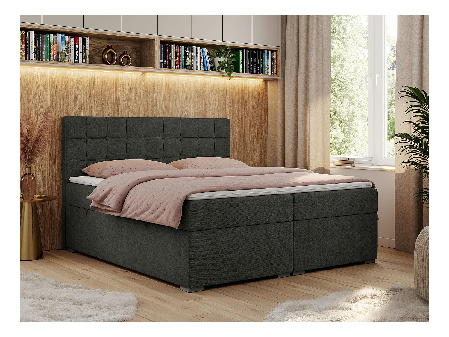 Boxspringbett CARMEN - Polsterbett mit zwei Bettkästen, gesteppte Kopfstütze, Multipocket-Matratze - 120x200 cm - H4 - Dunkelgrau Stukture