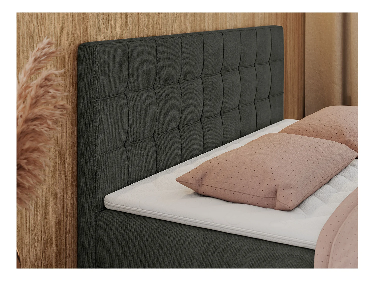 Boxspringbett CARMEN - Polsterbett mit zwei Bettkästen, gesteppte Kopfstütze, Multipocket-Matratze - 120x200 cm - H4 - Dunkelgrau Stukture
