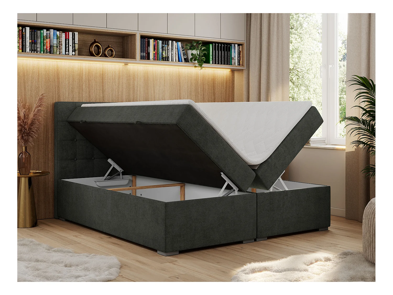Boxspringbett CARMEN - Polsterbett mit zwei Bettkästen, gesteppte Kopfstütze, Multipocket-Matratze - 120x200 cm - H4 - Dunkelgrau Stukture