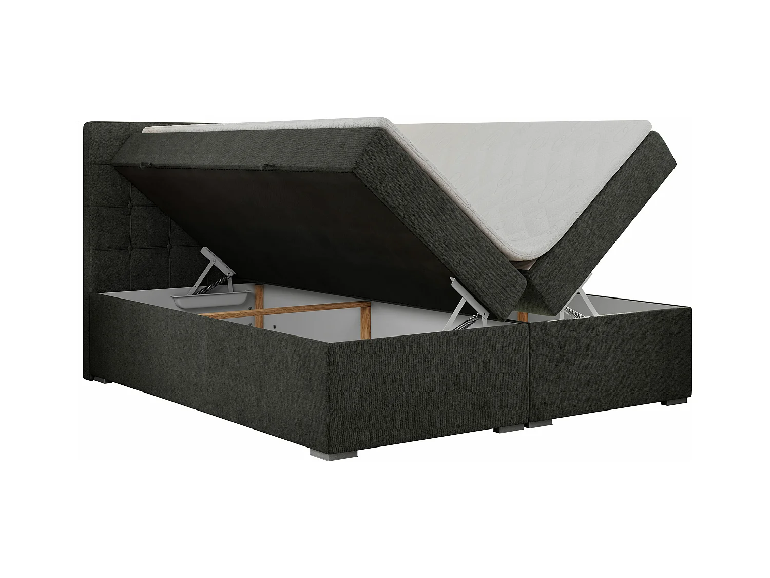 Boxspringbett CARMEN - Polsterbett mit zwei Bettkästen, gesteppte Kopfstütze, Multipocket-Matratze - 120x200 cm - H4 - Dunkelgrau Stukture