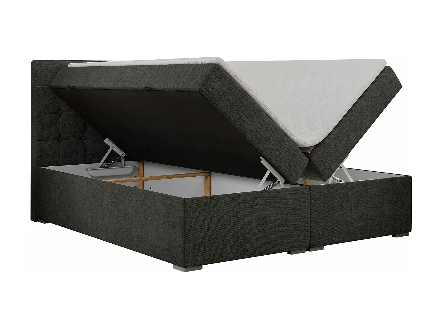 Boxspringbett CARMEN - Polsterbett mit zwei Bettkästen, gesteppte Kopfstütze, Multipocket-Matratze - 120x200 cm - H4 - Dunkelgrau Stukture