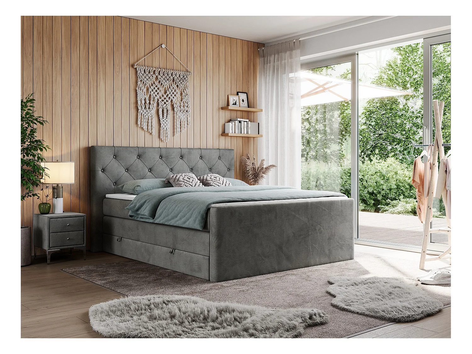 Boxspringbett VELEN KING - Doppelbett mit gestepptem Kopfteil, zwei Multipocket-Matratzen, Polsterbett mit Kopfstütze - 140x200 cm - H4 - Dunkelgrau Velvet