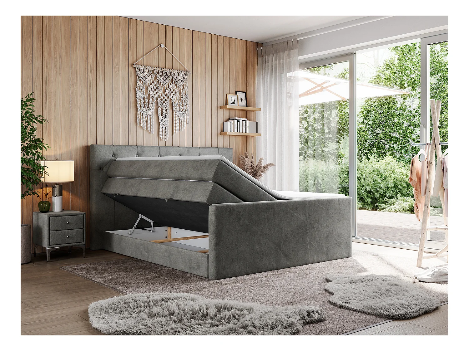 Boxspringbett VELEN KING - Doppelbett mit gestepptem Kopfteil, zwei Multipocket-Matratzen, Polsterbett mit Kopfstütze - 140x200 cm - H4 - Dunkelgrau Velvet