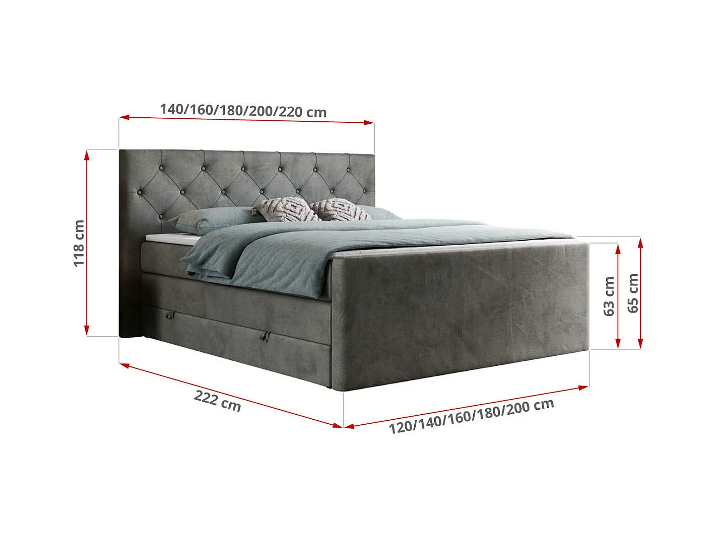 Boxspringbett VELEN KING - Doppelbett mit gestepptem Kopfteil, zwei Multipocket-Matratzen, Polsterbett mit Kopfstütze - 140x200 cm - H4 - Dunkelgrau Velvet