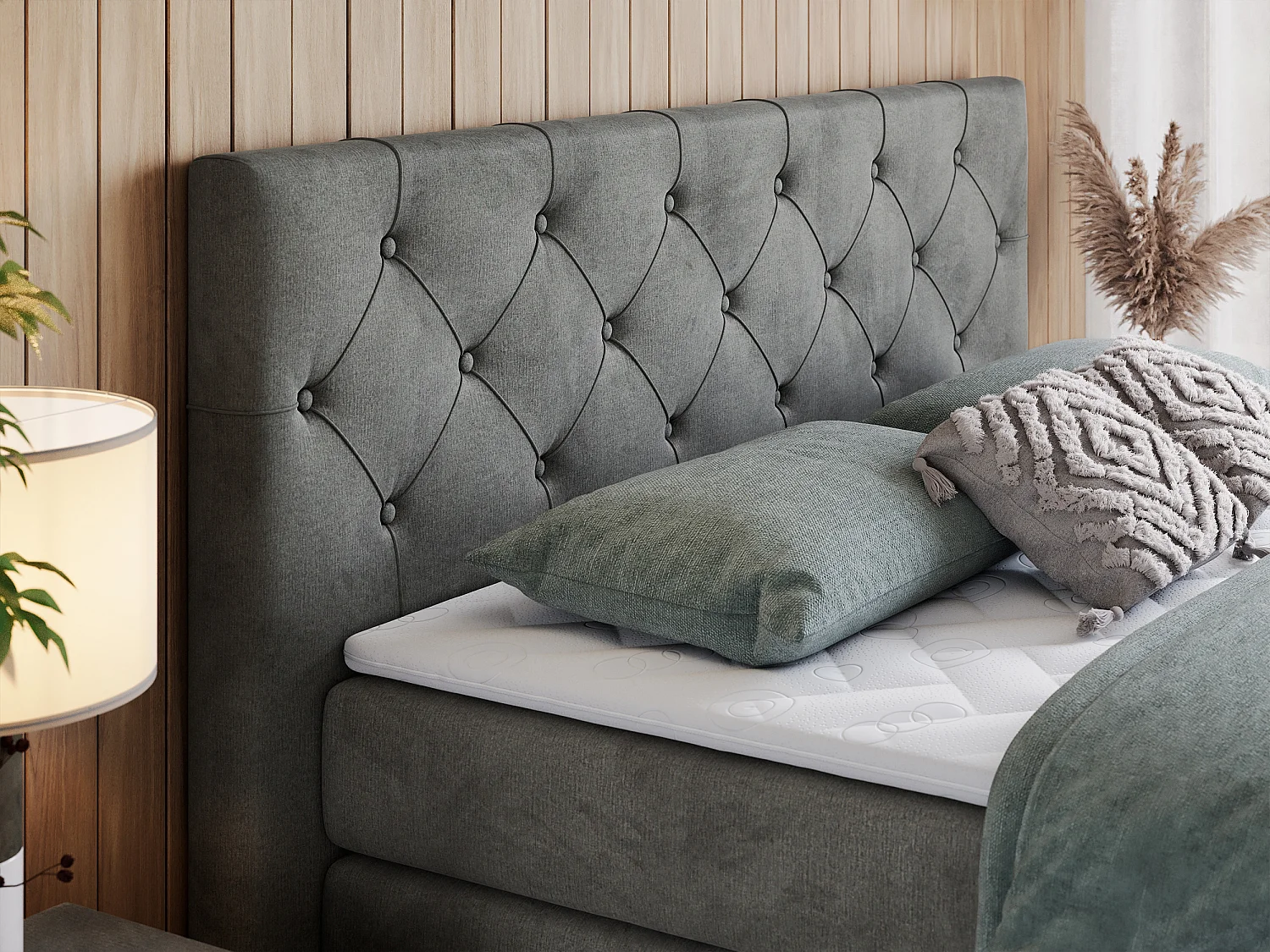 Boxspringbett VELEN KING - Doppelbett mit gestepptem Kopfteil, zwei Multipocket-Matratzen, Polsterbett mit Kopfstütze - 140x200 cm - H4 - Dunkelgrau Velvet