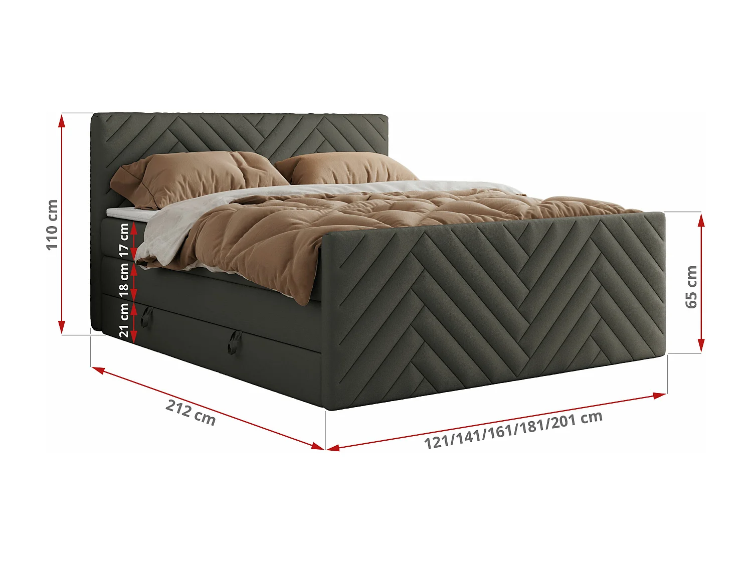 Boxspringbett PARIS KING DUO - dekorative Kopfstütze und Front, zwei Multipocket-Matratze mit Topper - 160x200 cm - H4 - Grau Kunstleder