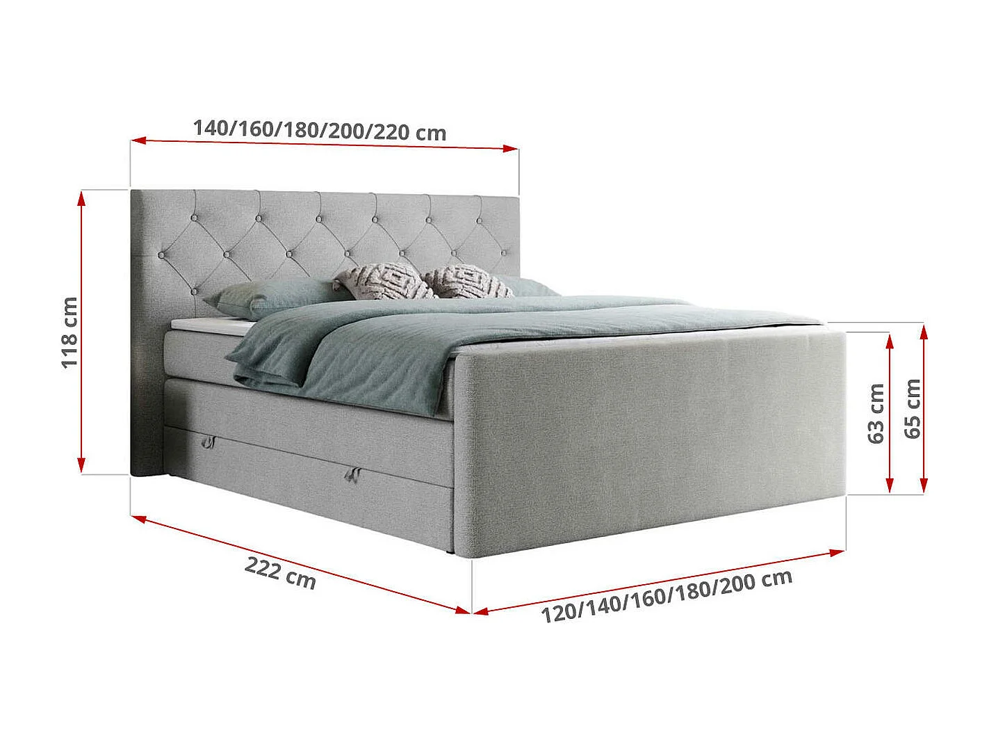 Boxspringbett VELEN KING - Doppelbett mit gestepptem Kopfteil, zwei Multipocket-Matratzen, Polsterbett mit Kopfstütze - 200x200 cm - H4 - Hellgrau Strukture