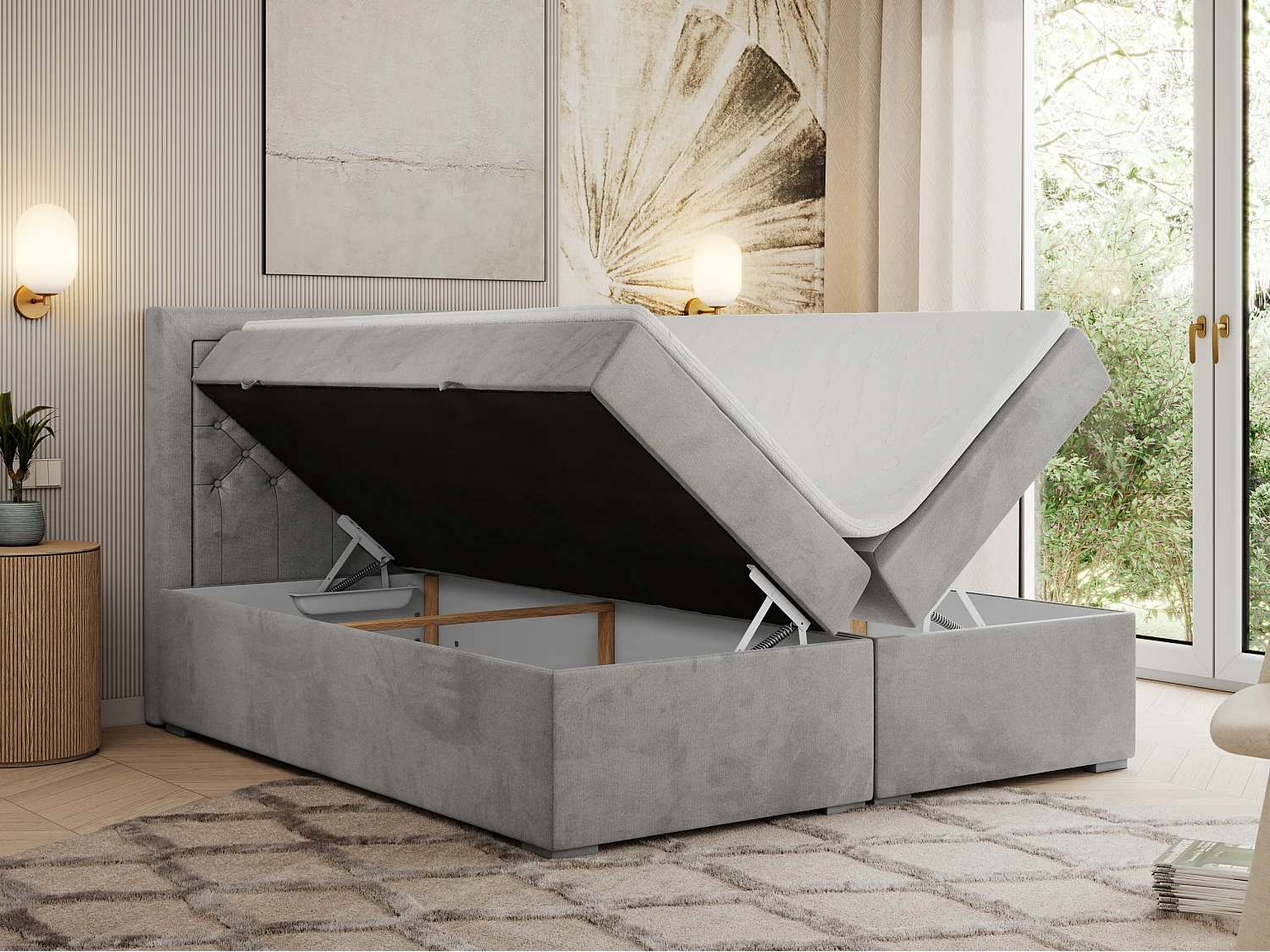 Boxspringbett JASIR - mit gestepptem Kopfteil, Doppelbett für Schlafzimmer, Multipocket-Matratze, Stauraum - 160x200 cm - H3 - Hellgrau Velvet