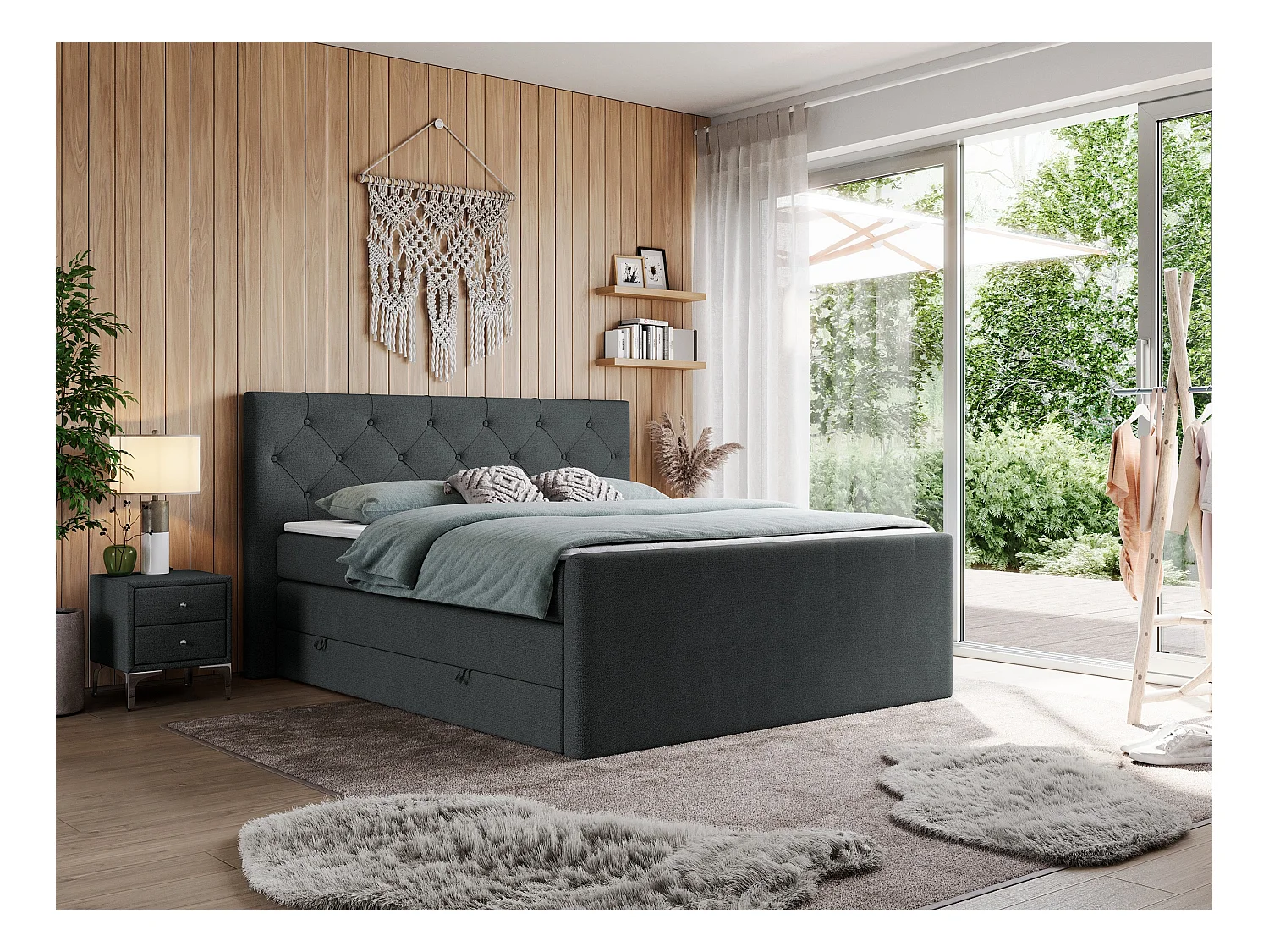 Boxspringbett VELEN KING - Doppelbett mit gestepptem Kopfteil, zwei Multipocket-Matratzen, Polsterbett mit Kopfstütze - 200x200 cm - H4 - Dunkelgrau Strukture