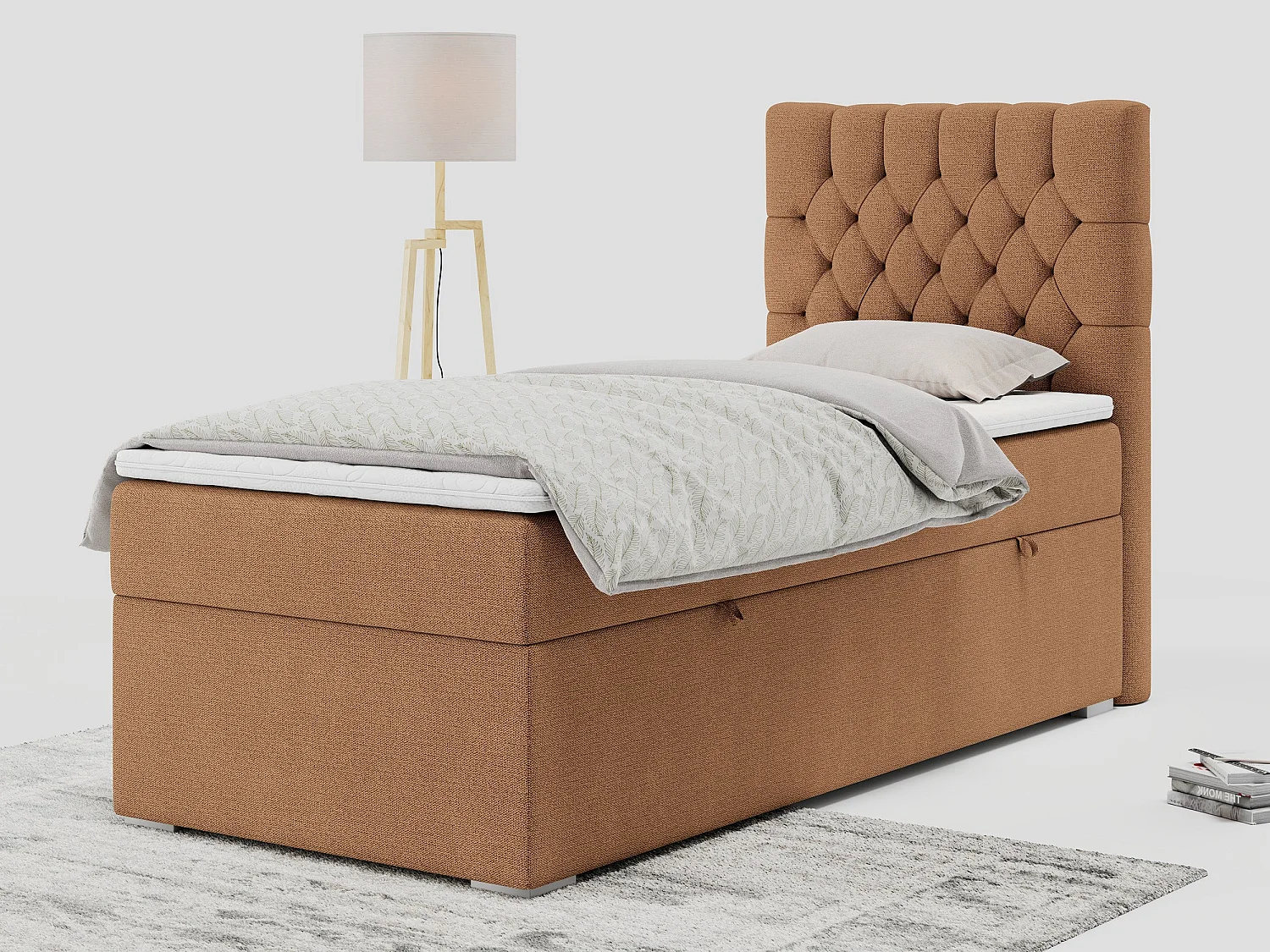Boxspringbett PERA - Einzelbett mit Kopfstütze, Polsterbett, Multipocket-Matratze, genähtes Kopfteil - 90x200 cm - H3 - Orange Strukture - Rechts Seite