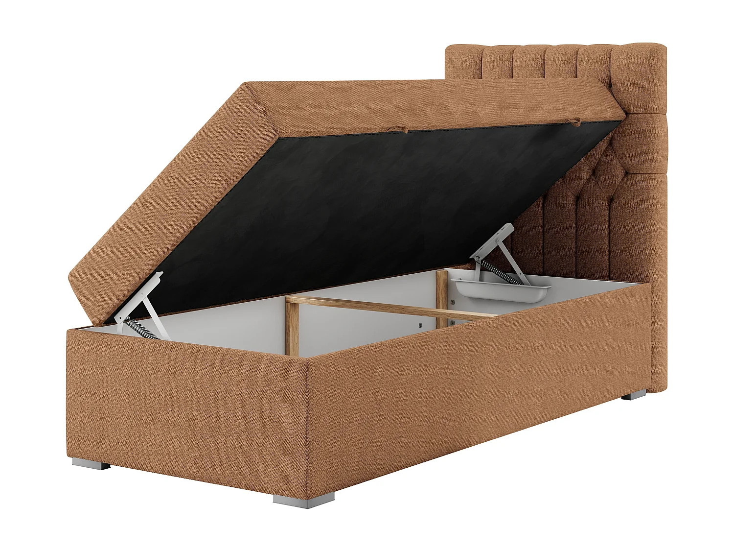 Boxspringbett PERA - Einzelbett mit Kopfstütze, Polsterbett, Multipocket-Matratze, genähtes Kopfteil - 90x200 cm - H3 - Orange Strukture - Rechts Seite