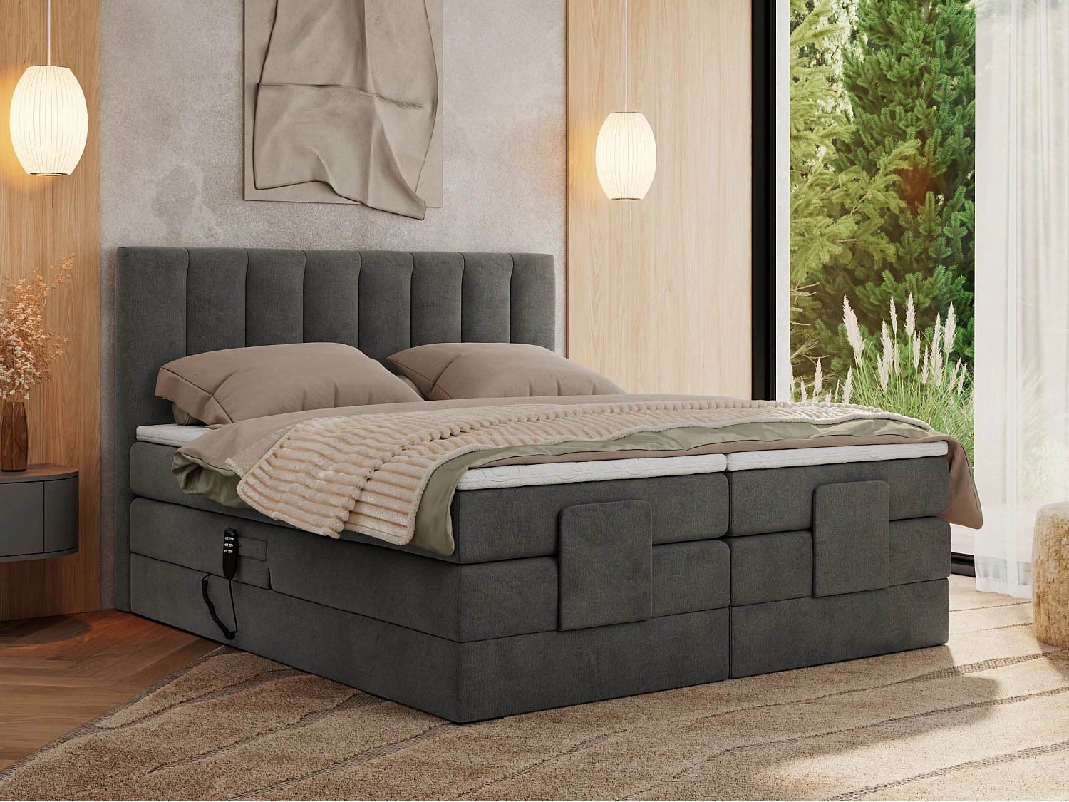 Boxspringbett COMFORTO - Doppelbett, Elektrisch verstellbare, Multipocket-Matratzen und Topper, genähtes Kopfteil - 200x200 cm - H4 - Dunkelgrau Velvet