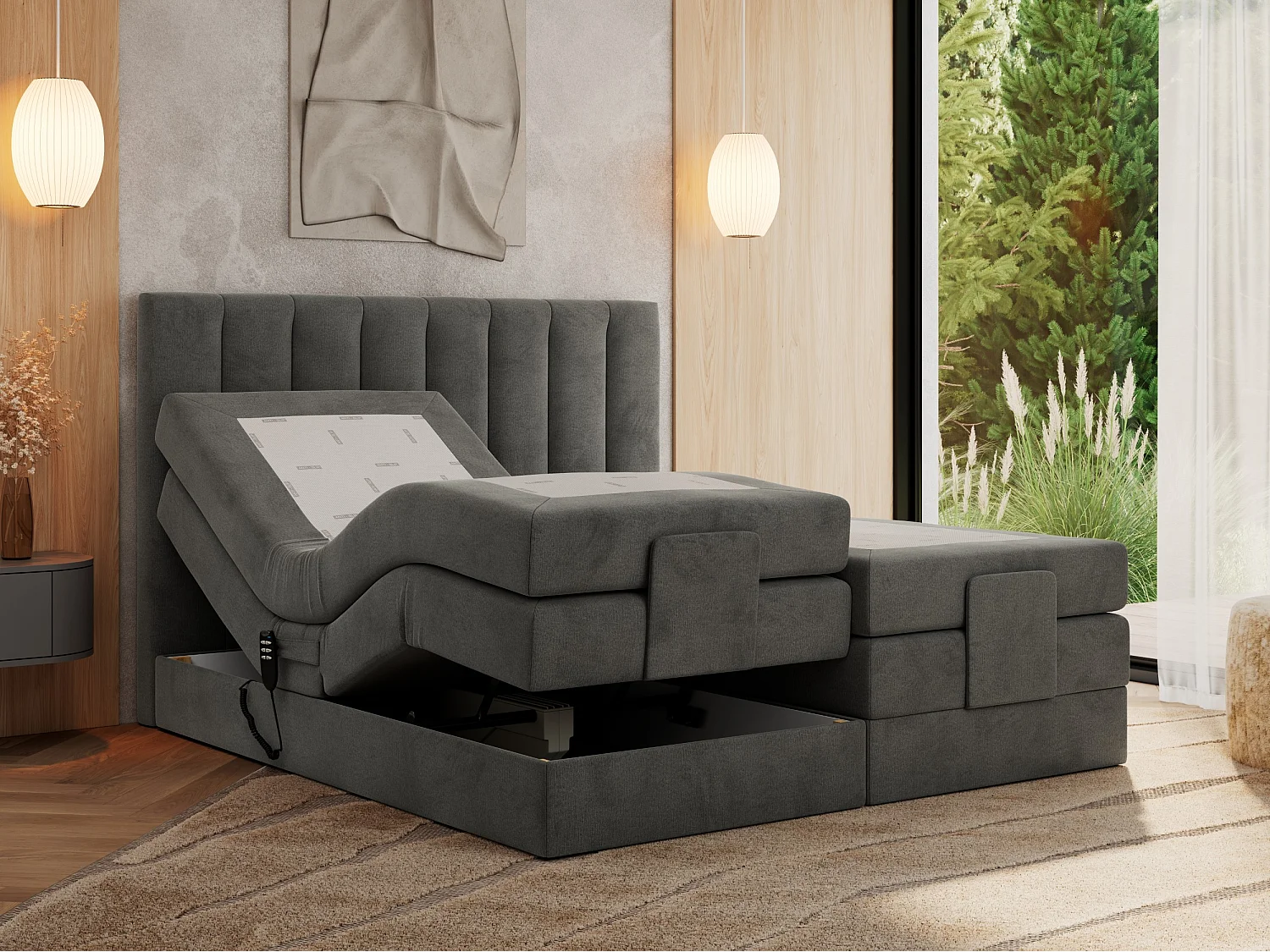 Boxspringbett COMFORTO - Doppelbett, Elektrisch verstellbare, Multipocket-Matratzen und Topper, genähtes Kopfteil - 200x200 cm - H4 - Dunkelgrau Velvet