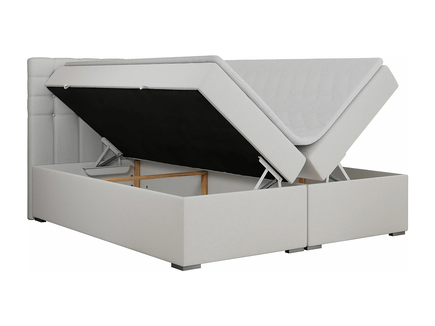 Boxspringbett SUSAN - mit gestepptem Kopfteil, zwei Bettkästen und Topper, gepolstertes Schlafzimmerbett - 160x200 cm - H4 - Weiß Kunstleder