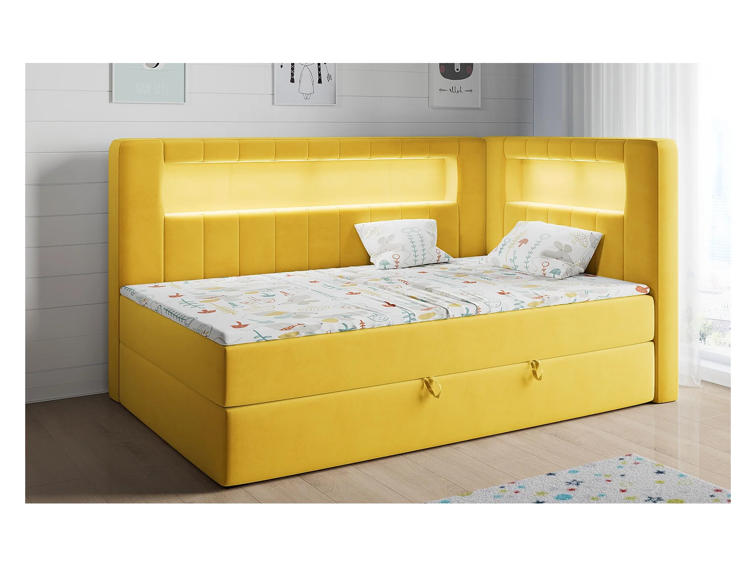Kinderbett JUNIOR GOLD 3 - Einzelbett mit Matratze, LED-Beleuchtung, Bettkasten - 90x200 cm - Rechts Seite