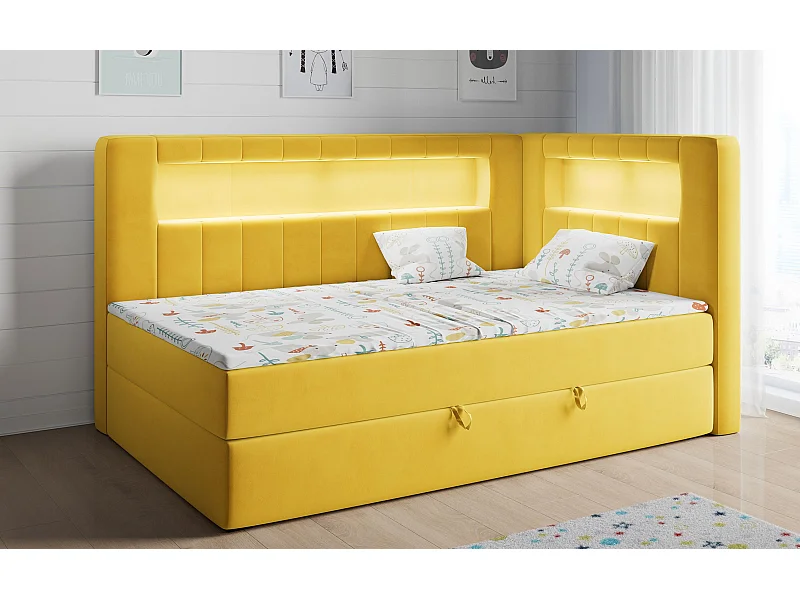 Kinderbett JUNIOR GOLD 3 - Einzelbett mit Matratze, LED-Beleuchtung, Bettkasten - 90x200 cm - Rechts Seite
