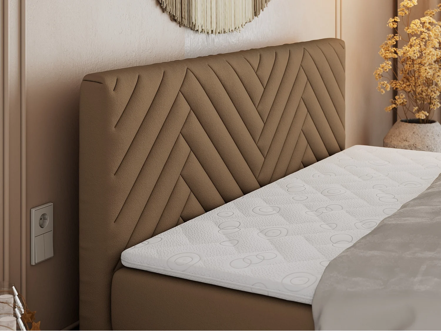 Boxspringbett PARIS KING DUO - dekorative Kopfstütze und Front, zwei Multipocket-Matratze mit Topper - 120x200 cm - H4 - Braun Kunstleder