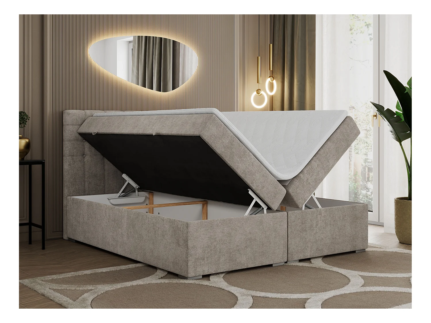 Boxspringbett SUSAN - mit gestepptem Kopfteil, zwei Bettkästen und Topper, gepolstertes Schlafzimmerbett - 200x200 cm - H3 - Beige Stukture