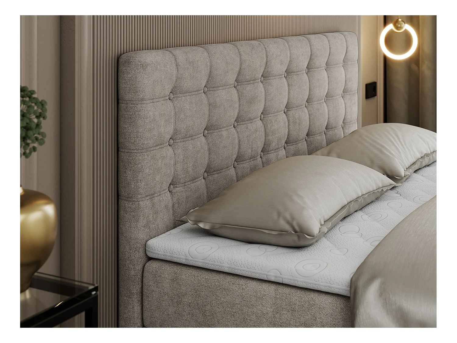 Boxspringbett SUSAN - mit gestepptem Kopfteil, zwei Bettkästen und Topper, gepolstertes Schlafzimmerbett - 200x200 cm - H3 - Beige Stukture