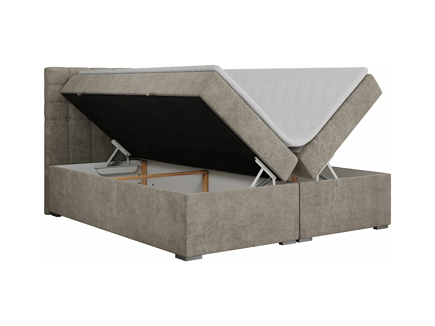 Boxspringbett SUSAN - mit gestepptem Kopfteil, zwei Bettkästen und Topper, gepolstertes Schlafzimmerbett - 200x200 cm - H3 - Beige Stukture