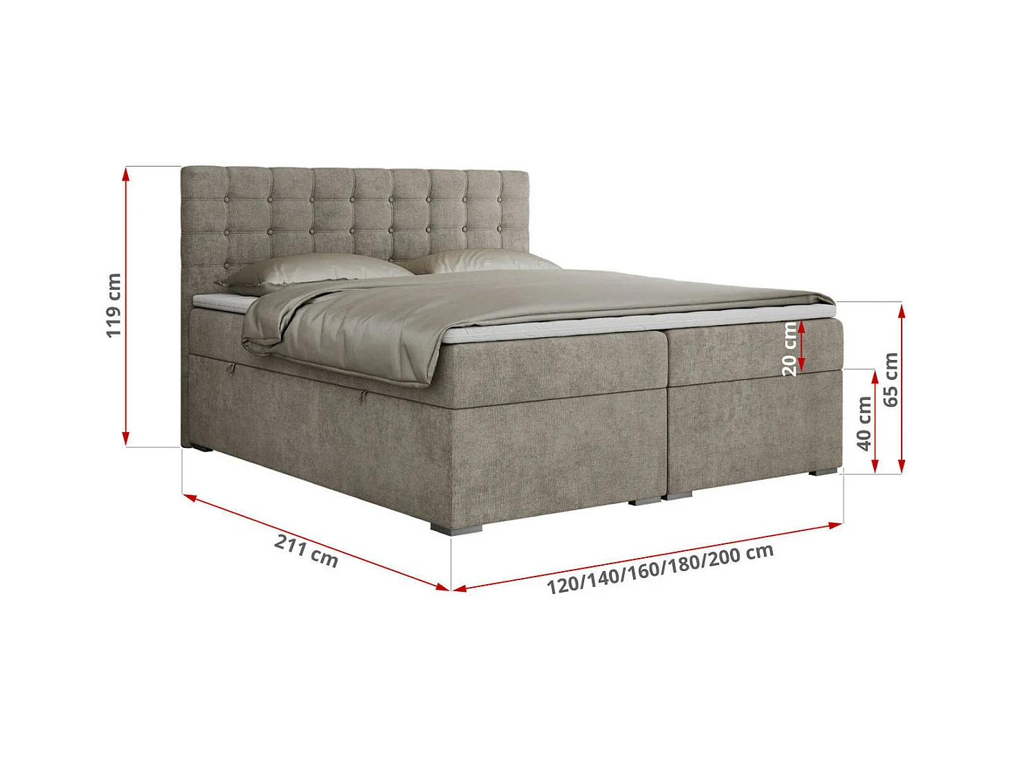 Boxspringbett SUSAN - mit gestepptem Kopfteil, zwei Bettkästen und Topper, gepolstertes Schlafzimmerbett - 200x200 cm - H3 - Beige Stukture