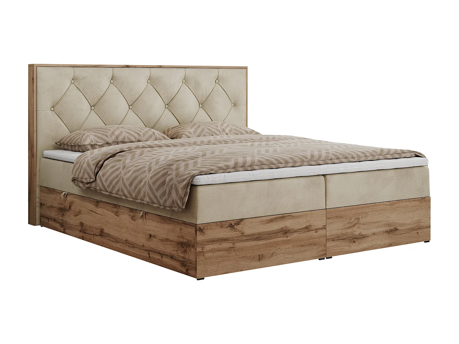 Boxspringbett VENETO - gestepptem Kopfteil, Set mit Multipocket-Matratze und Topper, Holzrahmen, zwei Bettkästen - 140x200 cm - H3 - Beige Velvet