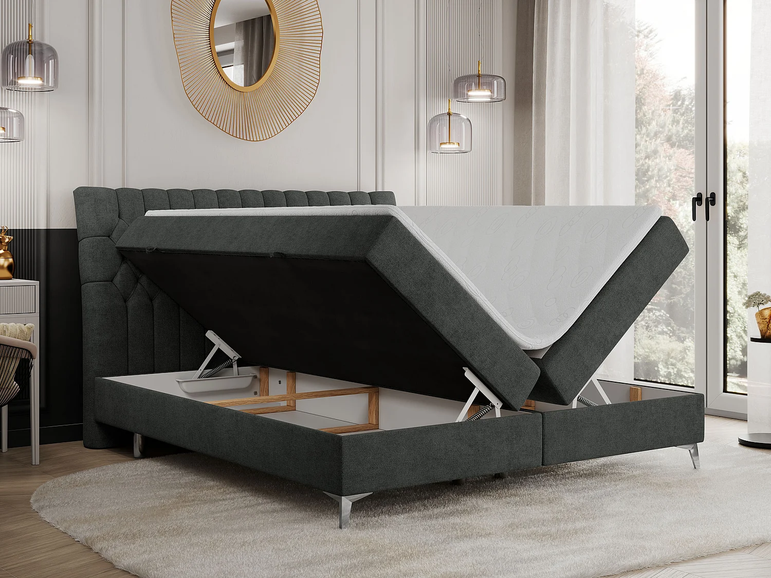 Boxspringbett MILEN - gepolstertes Schlafzimmerbett, zwei Multipocket-Matratze, dekorative hohe Beine - 200x200 cm - H3 - Dunkelgrau Strukture