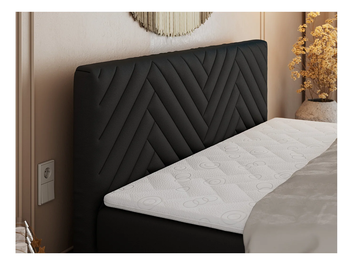 Boxspringbett PARIS KING DUO - dekorative Kopfstütze und Front, zwei Multipocket-Matratze mit Topper - 140x200 cm - H3 - Schwarz Kunstleder