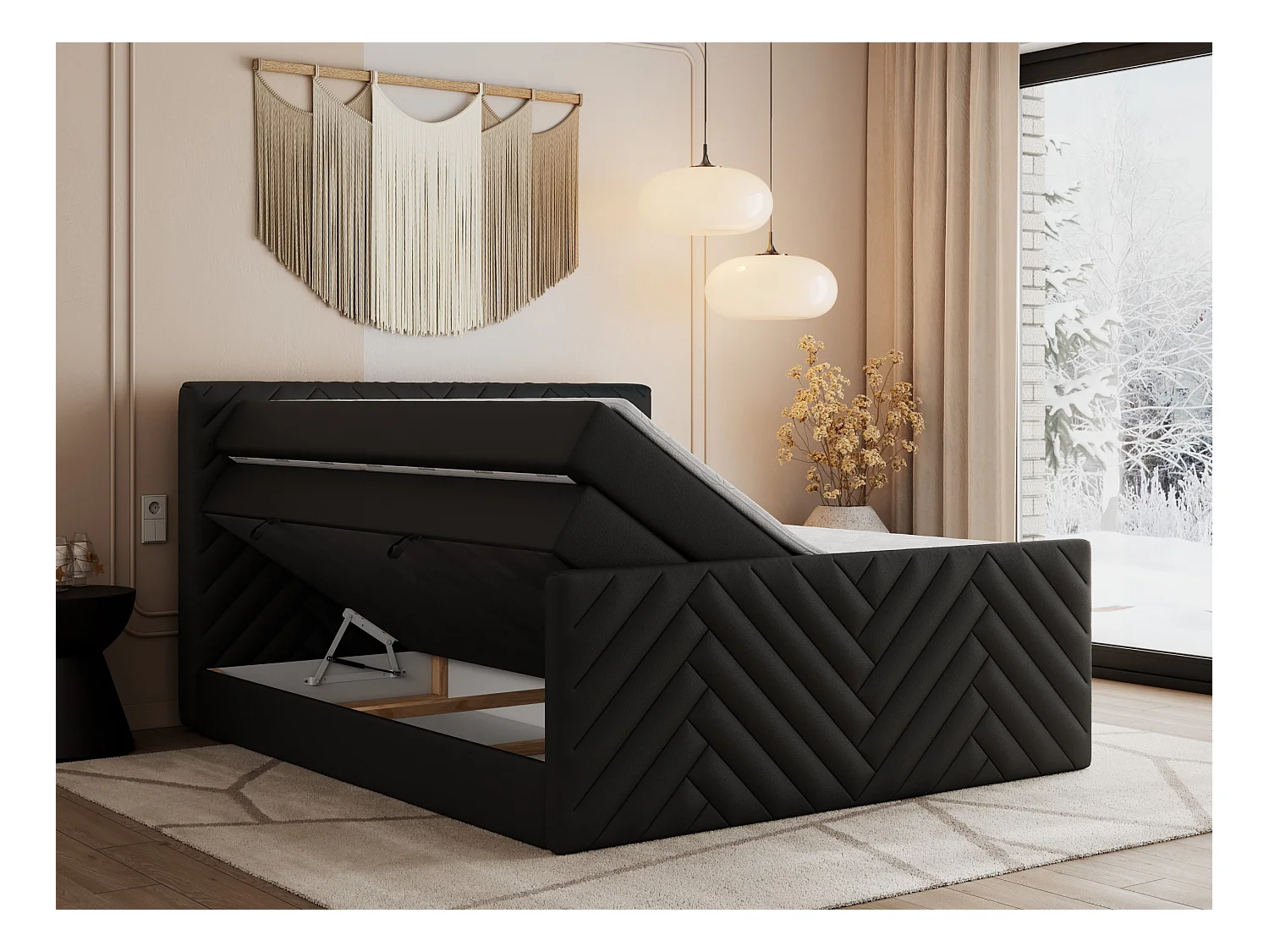 Boxspringbett PARIS KING DUO - dekorative Kopfstütze und Front, zwei Multipocket-Matratze mit Topper - 140x200 cm - H3 - Schwarz Kunstleder