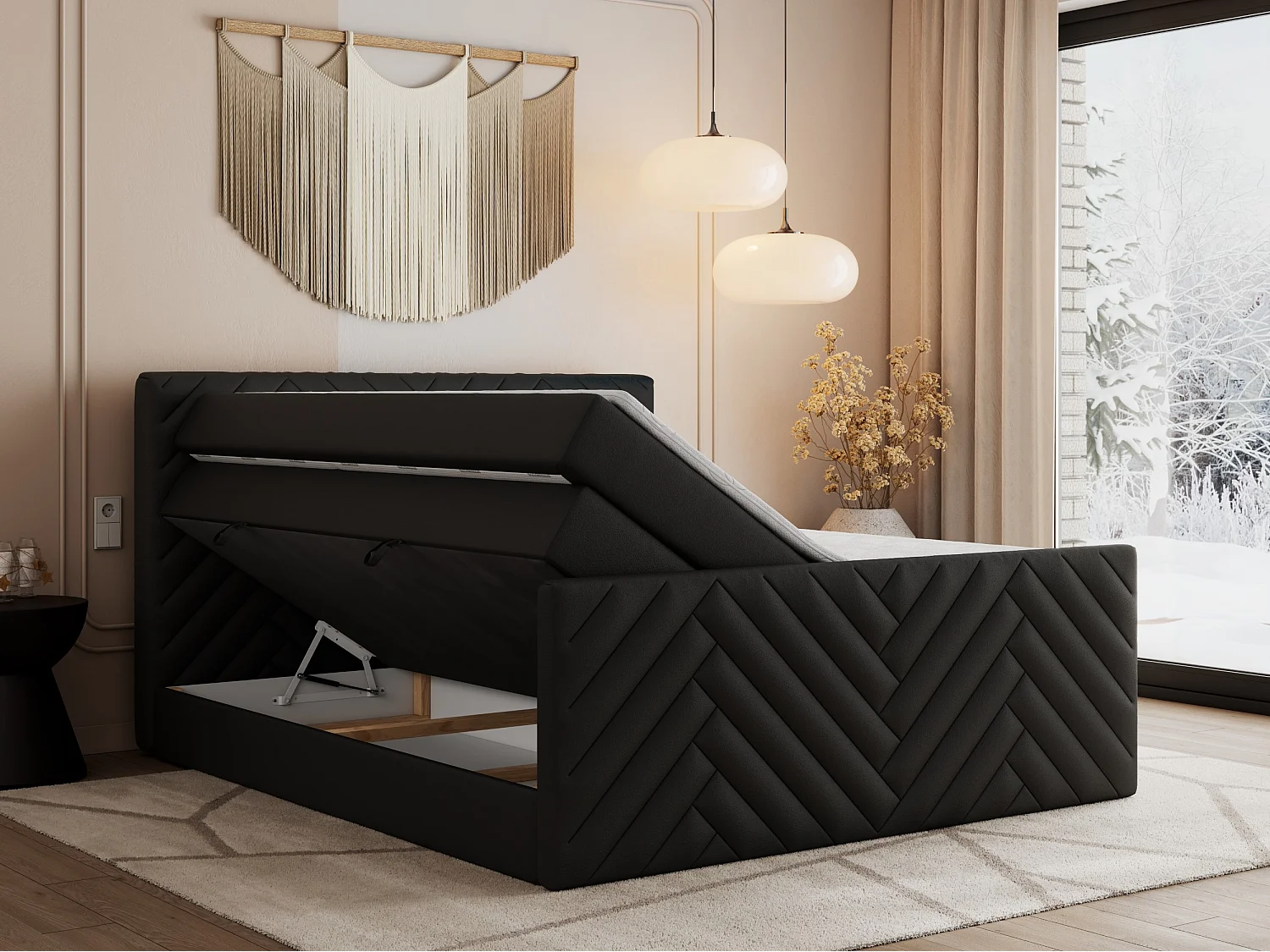 Boxspringbett PARIS KING DUO - dekorative Kopfstütze und Front, zwei Multipocket-Matratze mit Topper - 140x200 cm - H3 - Schwarz Kunstleder