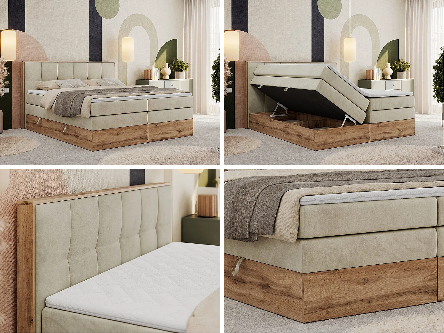 Boxspringbett ALBERO 1 KING - zwei 7 Härtezonen Multipocket-Matratzen, Doppelbett mit Stauraum, Eiche Wotan Holzrahmen - 140x200 cm - H4 - Beige Velvet