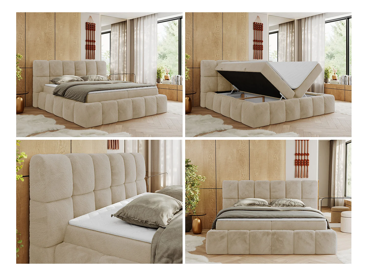Boxspringbett NIRA - dekorativ kopfteil, Bettkästen und Multipocket-Matratze, Doppelbett für Schlafzimmer - 180x200 cm - H3 - Creme Plüsch