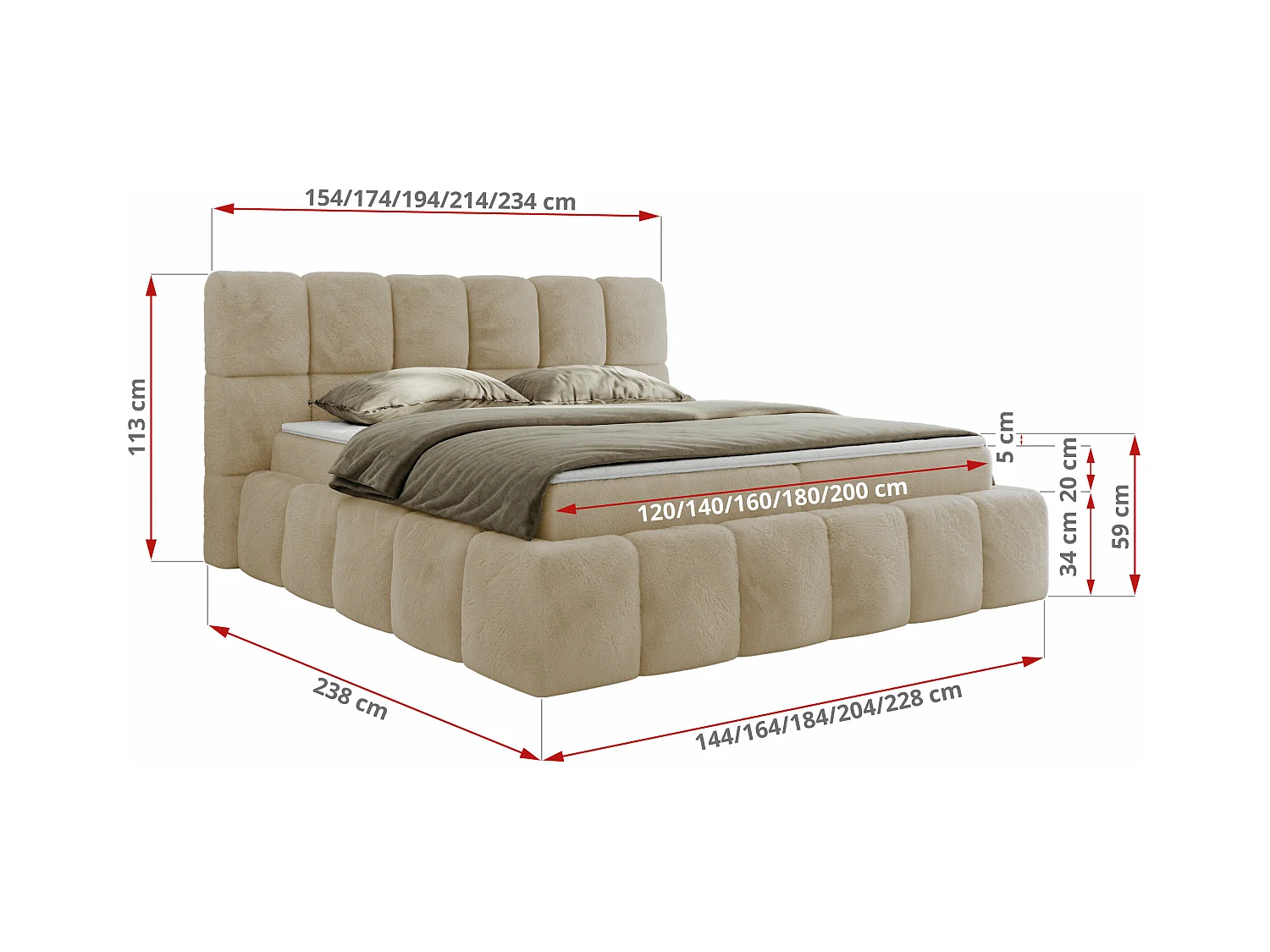 Boxspringbett NIRA - dekorativ kopfteil, Bettkästen und Multipocket-Matratze, Doppelbett für Schlafzimmer - 180x200 cm - H3 - Creme Plüsch