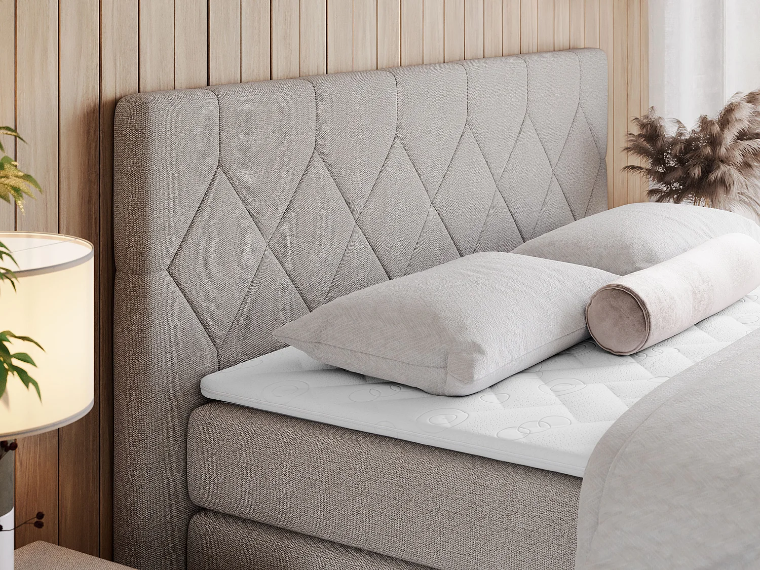 Boxspringbett EIGAR KING - Doppelbett mit genähtem Kopfteil, zwei Multipocket-Matratzen, Polsterbett für Schlafzimmer - 160x200 cm - H3 - Beige Strukture