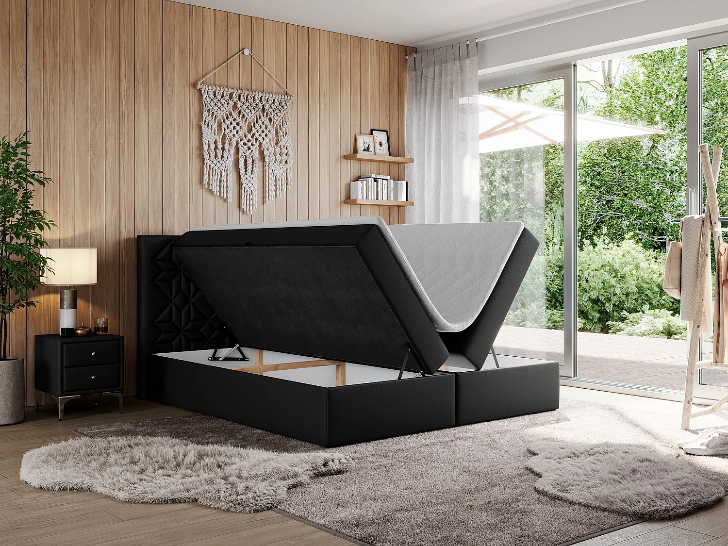 Boxspringbett LEILA - gestepptes Kopfteil,  7 Härtezonen Multipocket-Matratzen, Doppelbett mit Bettkästen - 200x200 cm - H3 - Schwarz Kunstleder