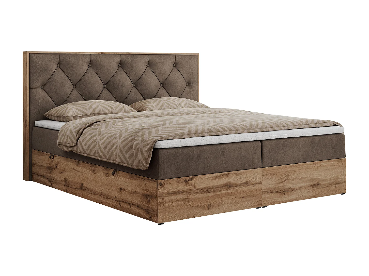 Boxspringbett VENETO - gestepptem Kopfteil, Set mit Multipocket-Matratze und Topper, Holzrahmen, zwei Bettkästen - 180x200 cm - H4 - Braun Velvet