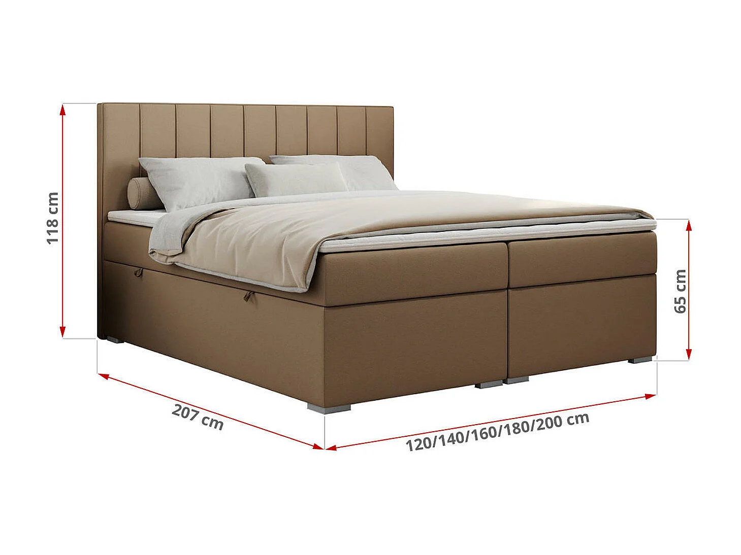 Boxspringbett ALLY - gestreiftes, genähtes Kopfteil, zwei Bettkästen, Multipocket-Matratzen, Praktisch Polsterbett - 140x200 cm - H4 - Braun Kunstleder