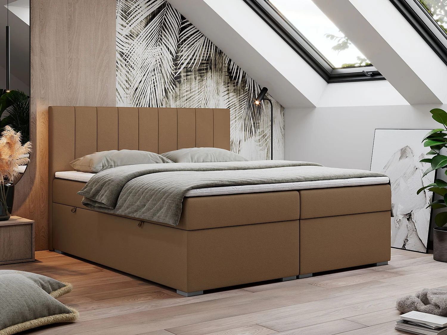 Boxspringbett LOPE - genähtes Kopfteil, Doppelbett mit Stauraum, Multipocket-Matratze, Topper - 160x200 cm - H4 - Braun Kunstleder