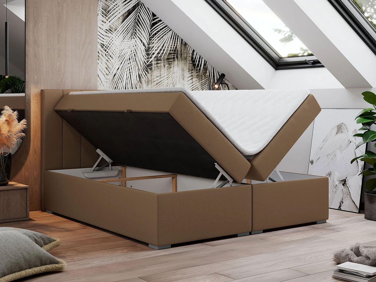 Boxspringbett LOPE - genähtes Kopfteil, Doppelbett mit Stauraum, Multipocket-Matratze, Topper - 160x200 cm - H4 - Braun Kunstleder