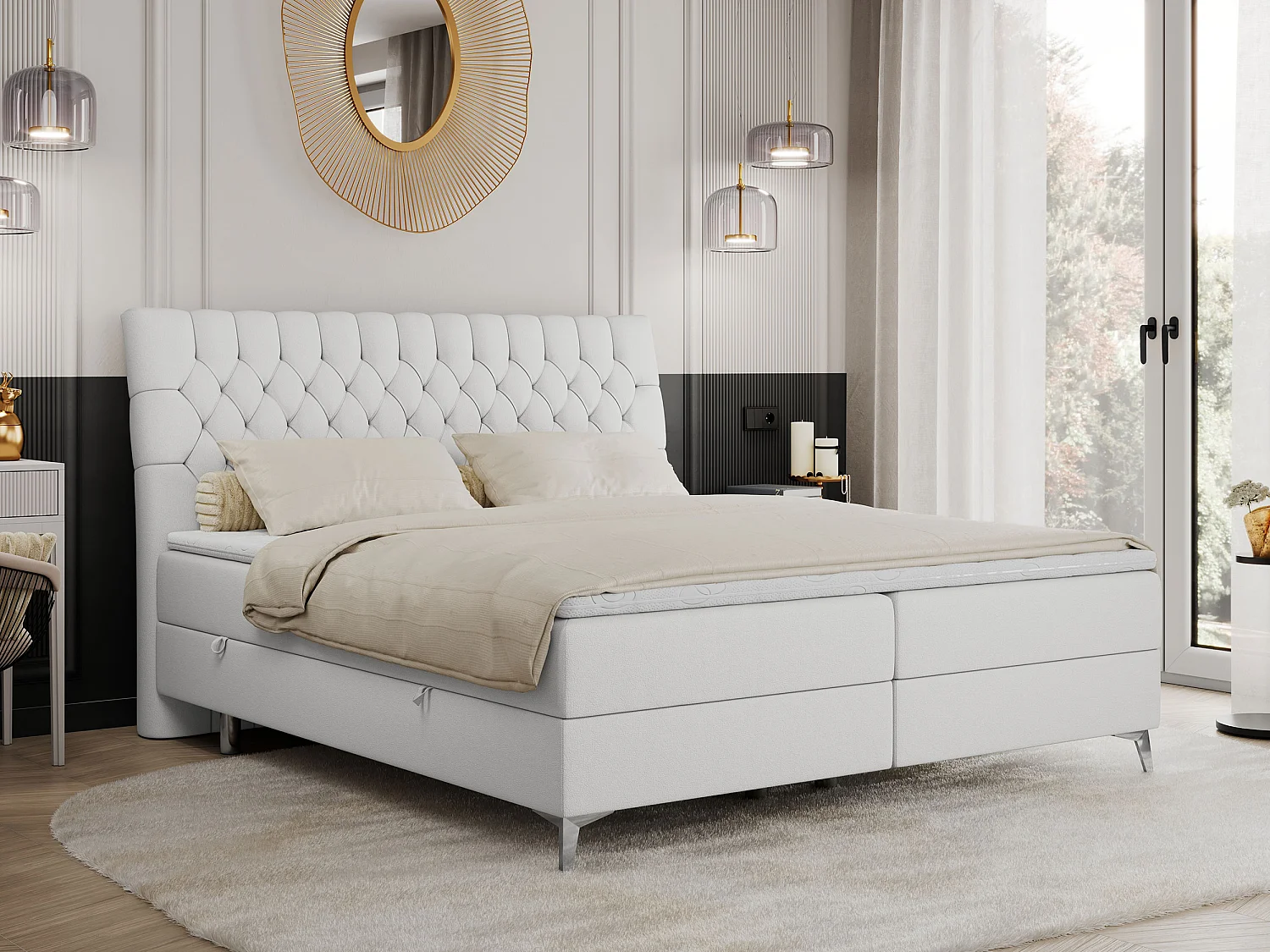 Boxspringbett MILEN - gepolstertes Schlafzimmerbett, zwei Multipocket-Matratze, dekorative hohe Beine - 180x200 cm - H4 - Weiß Kunstleder