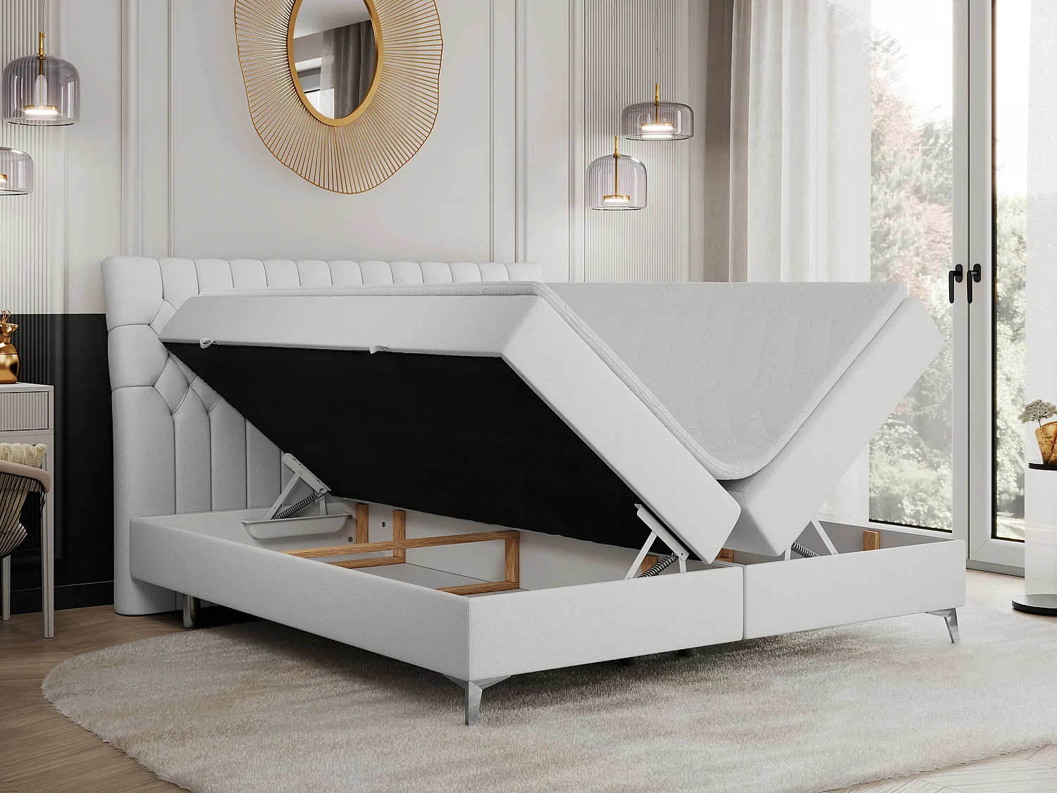 Boxspringbett MILEN - gepolstertes Schlafzimmerbett, zwei Multipocket-Matratze, dekorative hohe Beine - 180x200 cm - H4 - Weiß Kunstleder