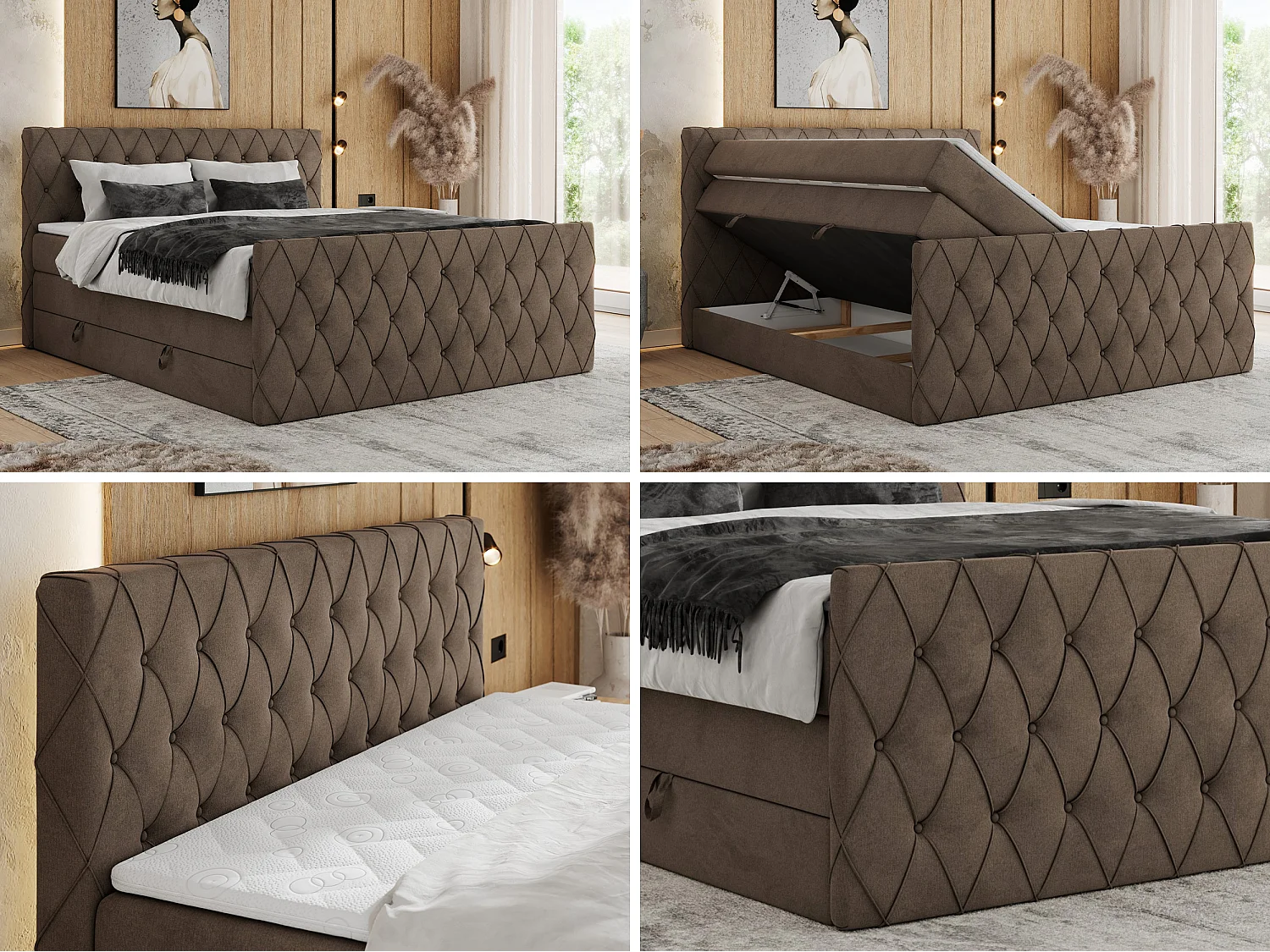 Boxspringbett MIREN KING DUO - für Schlafzimmer mit zwei Multipocket-Matratzen und Topper, gestepptes Kopfteil und Front  - 180x200 cm - H4 - Braun Velvet